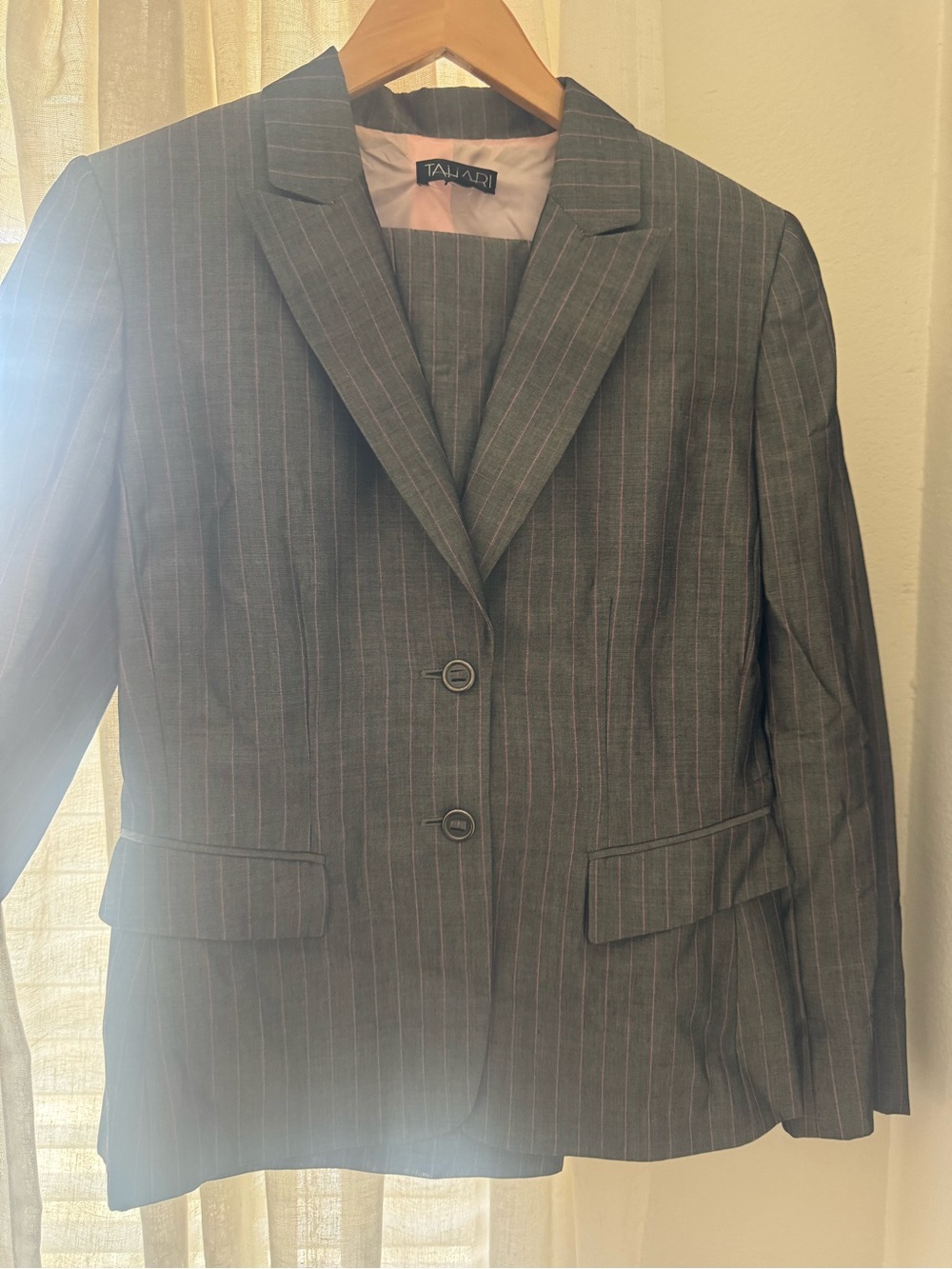 Tahari Charcoal Pinstripe Blazer with Subtle Pink Stripes